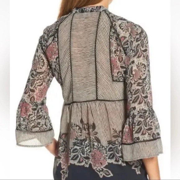 NWT Lucky Brand Blouse Mixed Print Blouse Boho 3/4th Bell Sleeve Floral Striped - Picture 3 of 10